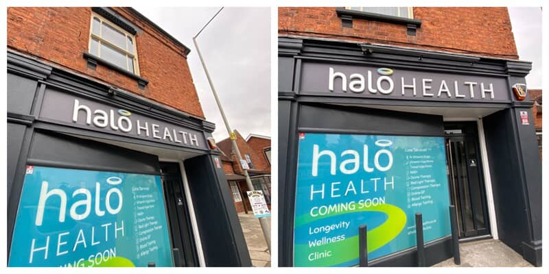 A collage of the exterior halo health signage.